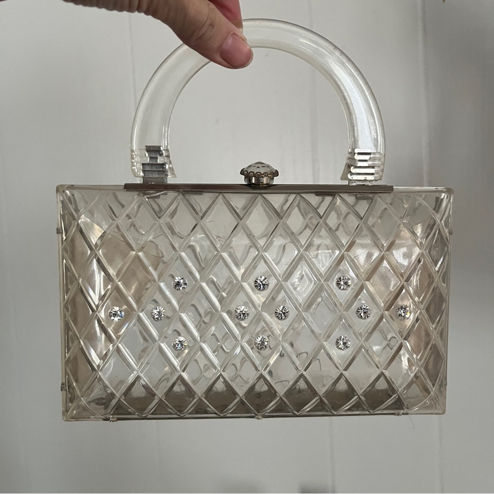 Vintage 1950s Clear Lucite Handbag | Quilted Design w/ Rhinestones